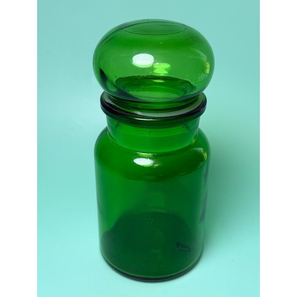 7" Apothecary Jar Belgium Emerald Green Glass Bubble Top Stamped Bottom Vintage